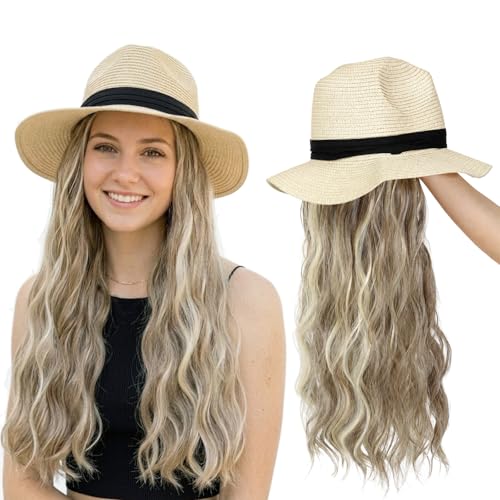 Hat Wig Panama Hat with Ash Blonde Long Wave Hair Attached for Women Beige Color Wide Brim Straw Beach Sun Hat Wig - color: M-Mash blonde