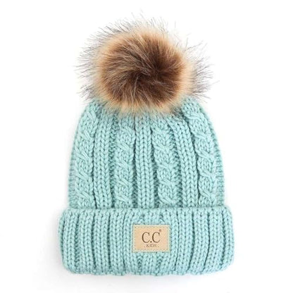 C.C Kids' Suede Patch Snuggly Soft Warm Knit Pom Cuff Beanie - color: Cable Knit Faux Fur, Mint