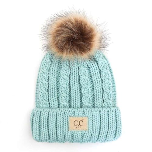 C.C Kids' Suede Patch Snuggly Soft Warm Knit Pom Cuff Beanie - color: Cable Knit Faux Fur, Mint
