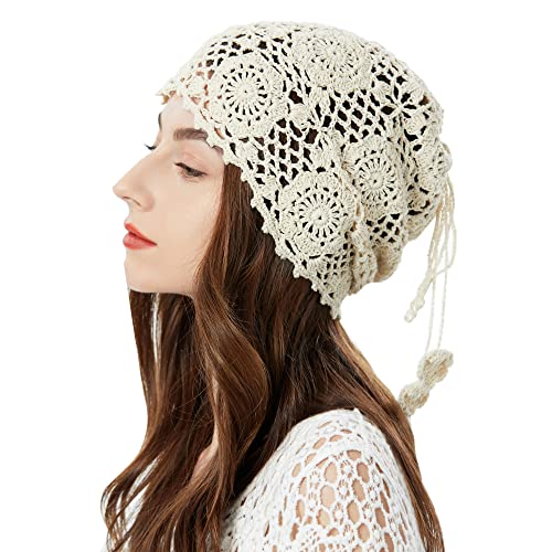 ZLYC Women Cotton Crochet Slouchy Beanie Hat Handmade Knit Summer Skull Cap - color: Beige Ponytail