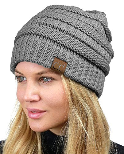 C.C Unisex Chunky Soft Stretch Cable Knit Warm Fuzzy Lined Skully Beanie - color: Light Melange Gray