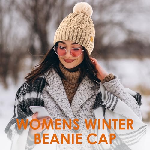 Womens Winter Knitted Beanie Hat,Warm Fleece Lined Soft Chunky Trendy Ski Cap with Cute Pom Pom - color: Khaki