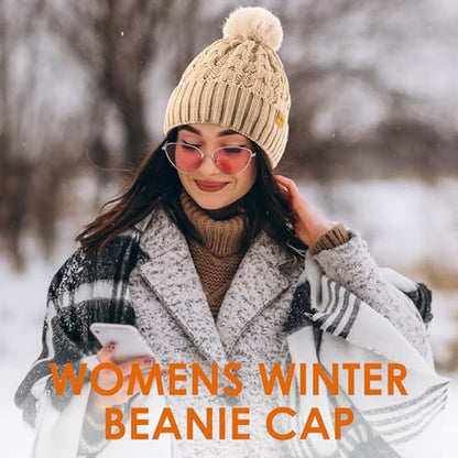 Womens Winter Knitted Beanie Hat,Warm Fleece Lined Soft Chunky Trendy Ski Cap with Cute Pom Pom - color: Khaki