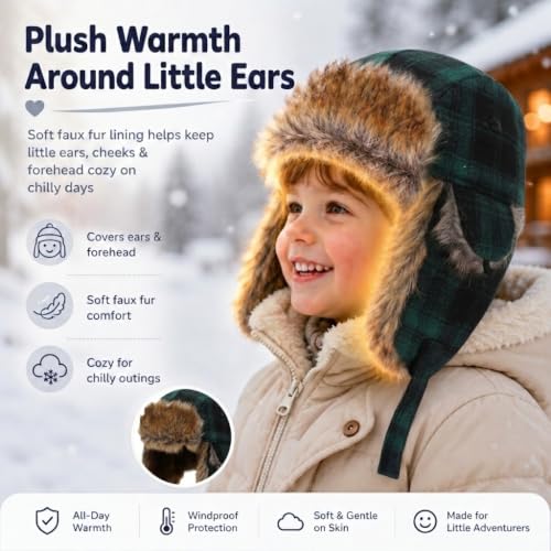 Baby Toddler Winter Trapper Hat Warm Faux Fur Aviator Hat Russian Ushanka Trooper Hunting Ski Hat with Ear Flaps Age 1-8T - color: Green Lattice, size: 5-8 Years