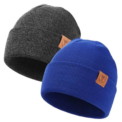 OZERO Beanie for Men and Women, Double-Layer Cuffed Knit Winter Hat - color: Blue+gray