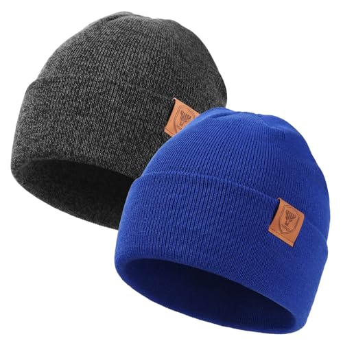 OZERO Beanie for Men and Women, Double-Layer Cuffed Knit Winter Hat - color: Blue+gray