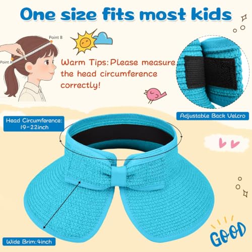 ZOORON Girls Straw Sun Visor Hat, Wide Brim Ponytail Beach Hat with Bow - color: Seablue