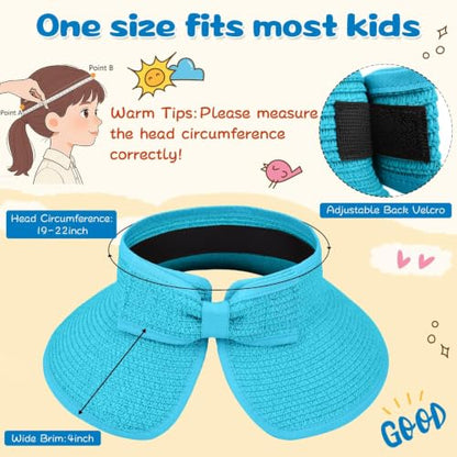 ZOORON Girls Straw Sun Visor Hat, Wide Brim Ponytail Beach Hat with Bow - color: Seablue