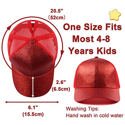 Zsedrut Girls Glitter Baseball Cap Kids Adjustable Ponytail Hat Toddler Summer Mesh Trucker Hats - color: Red