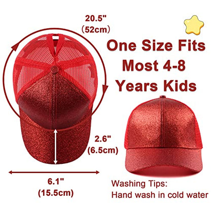 Zsedrut Girls Glitter Baseball Cap Kids Adjustable Ponytail Hat Toddler Summer Mesh Trucker Hats - color: Red