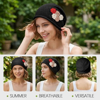 Ababalaya Breathable Cotton Linen Slouchy Beanie Hat for Women - color: Black