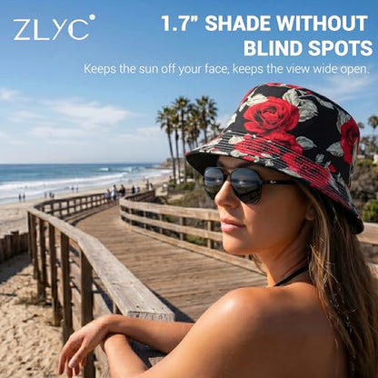 ZLYC Printed Bucket Hat for Women Men Packable Summer Sun Hat for Beach - color: Rose Black