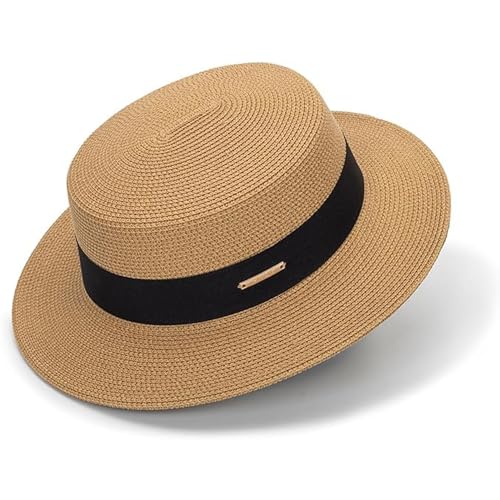 Straw Fedora Boater Flat Top Floppy Panama Sun Hat for Women Men