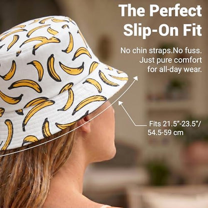 ZLYC Printed Bucket Hat for Women Men Packable Summer Sun Hat for Beach - color: Banana-white2
