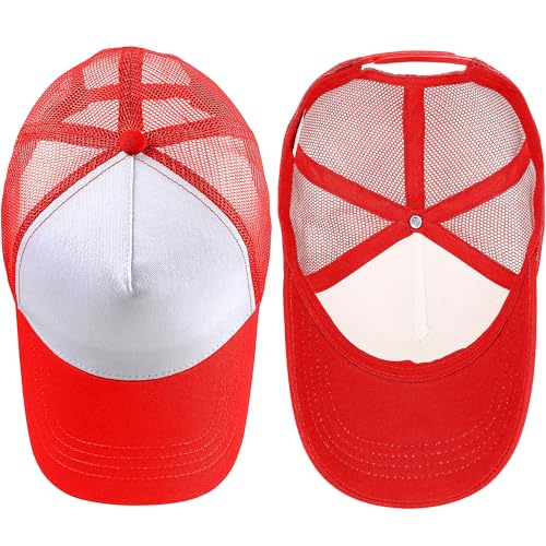 Falari 5-Panel Mesh Baseball Cap, Trucker Hat, Structured Plain Design, Cotton, Adjustable Size - color: 1pk Red