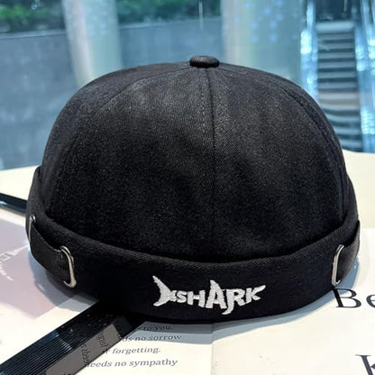 Mens Docker Cap – Brimless Beanie Skull Cap Retro Rolled Cuff Adjustable Cotton - color: Shark Embroidery
