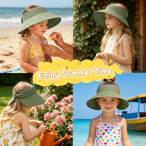 Girls Sun Visor Hat with Ponytail Hole Wide Brim Beach Straw Visor UPF 50+ - color: 1pack-grayish Green