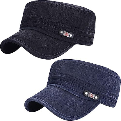 Unisex Cadet Army Cap Adjustable Flat Top Cap Washed Cotton Military Hat Baseball Cap - color: Black Navy