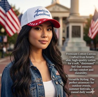 D&Y Retro 2-Tone Canvas Baseball Cap for Women - Funny Embroidered Distressed Snapback, Adjustable Cotton Dad Hat - color: American Sweetheart-red