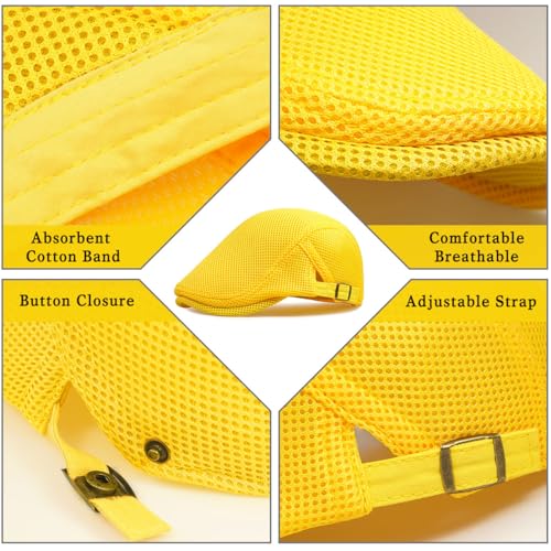 Xinveen Men's Mesh Cap Breathable Summer Newsboy Hat Adjustable Beret Ivy Cap Irish Cabbie Driving Hunting Hats - color: Yellow