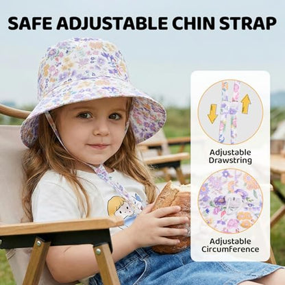 Toddler Bucket Hats UPF 50+ Baby Sun Hat Adjustable Kids Sun Protection Summer Hat Wide Brim Beach Hat for Boys Girls 0-6Y - color: Purple+purple Flower, size: 2-6 Years