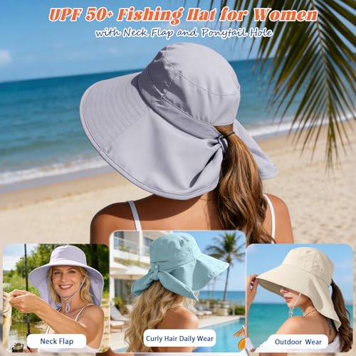 Ruqizhi Sun Hats for Women with Neck Flap Ponytail Hole Women Sun Hats Rollable UV Protection Fishing Hats Wide Brim UPF 50+ - color: Gray