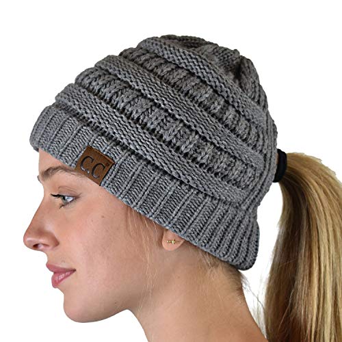 C.C Exclusives Soft Stretch Cable Knit Messy Bun Ponytail Beanie Winter Hat for Women (MB-20A) - color: Criss Cross Light Melange Gray