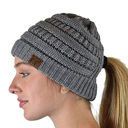 C.C Exclusives Soft Stretch Cable Knit Messy Bun Ponytail Beanie Winter Hat for Women (MB-20A) - color: Criss Cross Light Melange Gray