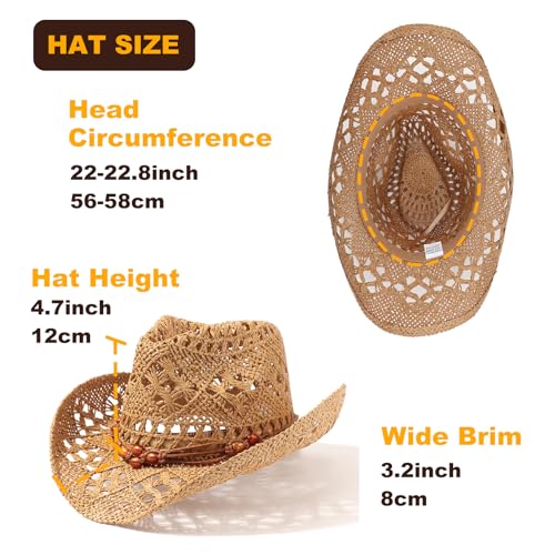 AQOKKA Straw Cowboy Hats for Women Men Western Cowgirl Hats with Shapeable Brim Woven Hollow Out Unisex Beach Roll Up Caps - color: Brown Beads Cowboy Hat : Khaki a