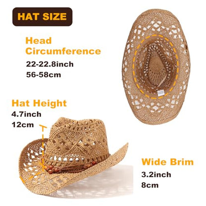 AQOKKA Straw Cowboy Hats for Women Men Western Cowgirl Hats with Shapeable Brim Woven Hollow Out Unisex Beach Roll Up Caps - color: Brown Beads Cowboy Hat : Khaki a