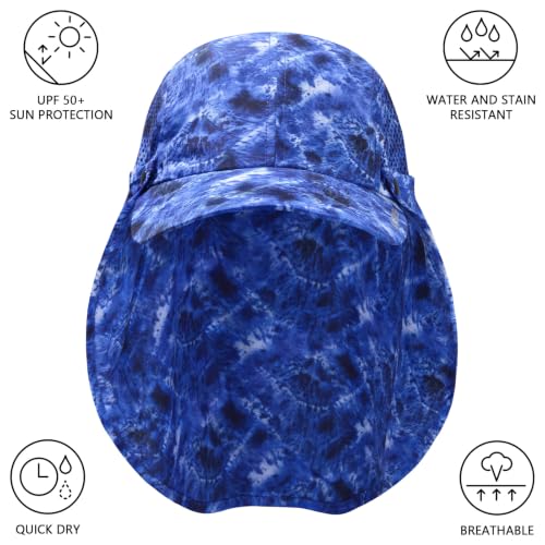 BASSDASH UPF 50+ Fishing Hat, Baseball Cap with Removable Neck Flap - color: Blue Camo With Unfoldable Brim
