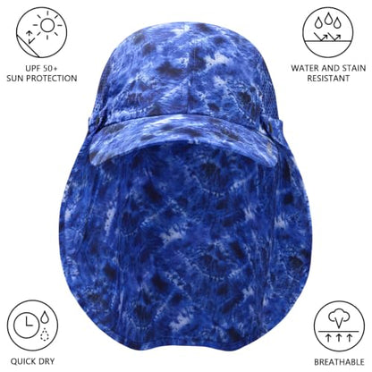BASSDASH UPF 50+ Fishing Hat, Baseball Cap with Removable Neck Flap - color: Blue Camo With Unfoldable Brim