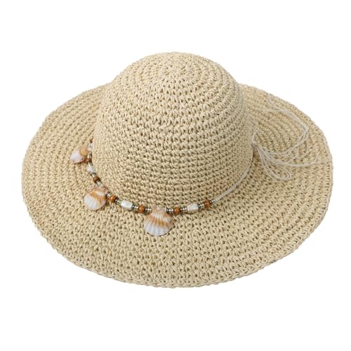 Womens Straw Sun Hat Wide Brim Summer Beach Hat with Beaded Trim Summer Foldable Floppy Hat for Travel Vacation UV Protection - color: Beige 2
