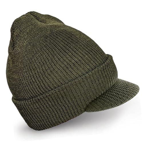 Genuine G.I. Winter Beanie Cap with Visor, 100% Knitted Wool, Double-Layer Winter Hat, Made in USA - color: Olive Drab