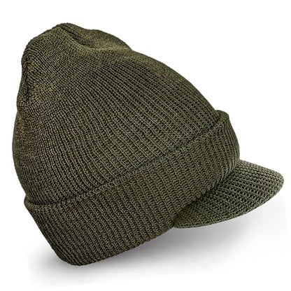Genuine G.I. Winter Beanie Cap with Visor, 100% Knitted Wool, Double-Layer Winter Hat, Made in USA - color: Olive Drab