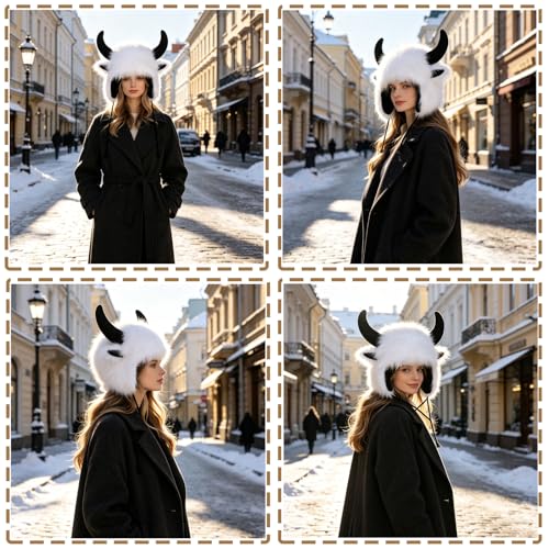 XGOPTS Winter Faux Fur Plush Hat with Horns Warm Animal Horn Ox Earflap Hat - color: White