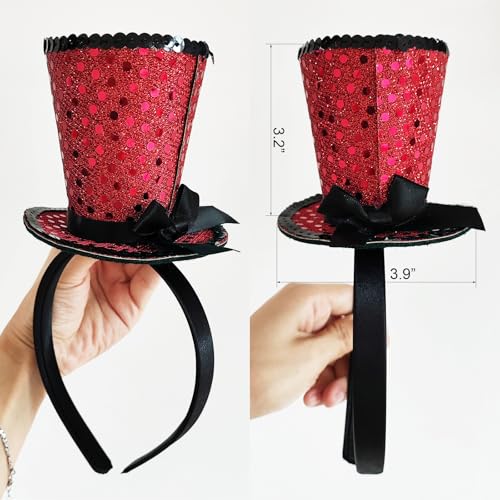 WLBON Halloween Mini Top Hat Headband 1920s Bow Sequins Hair Hoops Bands Fascinator Headpiece Hairband Women Christmas Holiday Festival Parade Cosplay Dress Up Birthday Tea Party Accessories Red - color: Red Tone