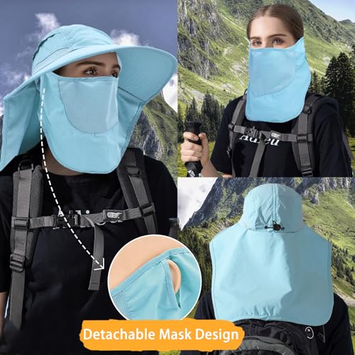Sun Hats for Men Women Detachable Face Cover Wide Brim Fishing Hats with Neck Flap UPF 50+ Outdoor Safari Hats - color: Blue