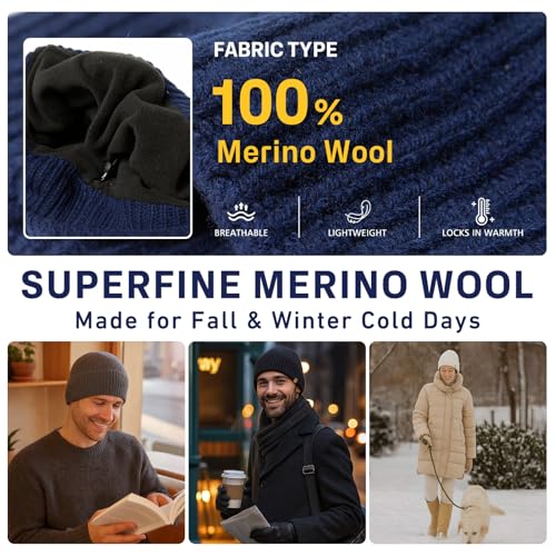 TOP-EX PolarWool Merino Wool Beanie with Soft Polartec Fleece Lining - color: Dark Blue, size: X-Large-XX-Large