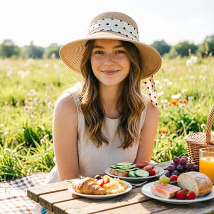 DRESHOW Sun Hats for Women Travel Fedora Foldable Beach Sun Hat Summer Wide Brim Straw Bucket Hat with Bowknot UPF 50+ - color: 1 Pack Bowknot Straw Hat: Khaki (Beige Polka Dot Band)