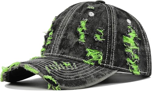Distressed Washed Denim Baseball Cap Vintage Ripped Strapback Sun Hat for Men Women - color: Brightgreen