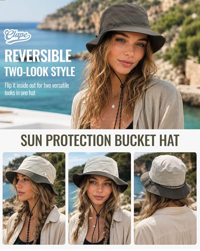 CLAPE Sun Protection Bucket Hat for Men Women, Reversible Packable Sun Hat with Chin Strap for Travel Hiking Beach - color: Bk2601-lightgrayblack