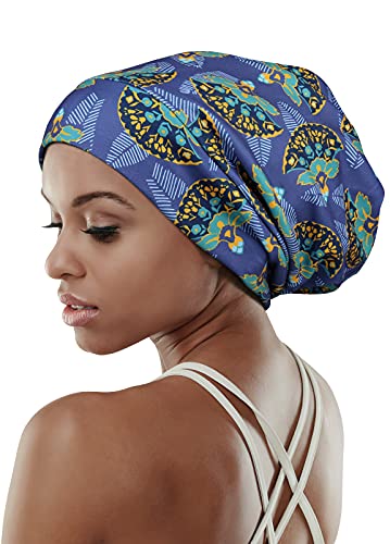 Adjustable Satin Lined Sleep Cap for Dreadlocks Curly Hair Large Head-Stay On Overnight - color: Blue Green