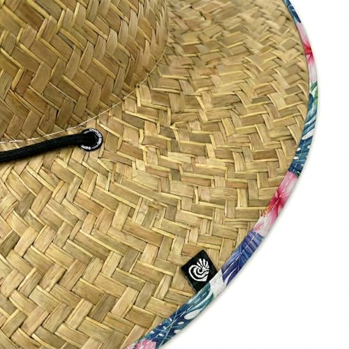 Women's Wide Brim Straw Sun Hat for Beach, Lifeguard Style, Hand-Woven Rush & Mat, Adjustable Chin Drawstring - color: The Tenley