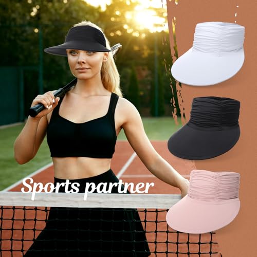 Skicuff 3 Pack Women Sun Visor Hat, Wide Brim Summer Sun Hats UV Protection Beach Ponytail Cap for Golf Hiking Sports - color: Black, White, Pink