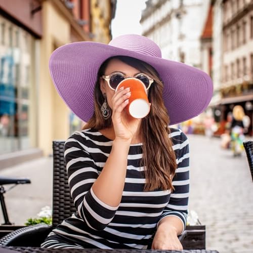 AQOKKA Sun Hats for Women Big Straw Wide Brim Summer Beach Hat Floppy Foldable Roll up Cap for Outdoor UPF 50+ - color: Wide Brim : Purple