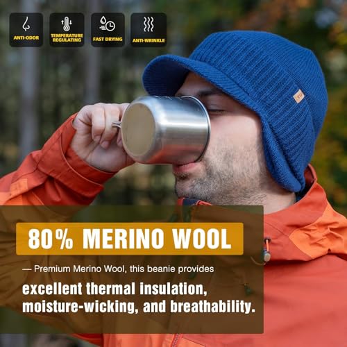 TOP-EX DryKnit™ 80% Merino Wool Waterproof Warm Brim Beanie with Ear Flaps - color: Beige (Waterproof), size: Medium-Large