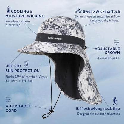 TOP-EX UPF 50+ Cooling Wide Brim Sun Hat for Men with Neck Flap, Packable - color: White - Water Ripple, size: Large-X-Large
