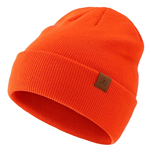 Home Prefer Mens Winter Hats Acrylic Knit Cuff Beanie Cap Warm Womens Beanie Hat - color: Blaze Orange