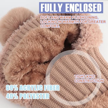 AQOKKA 3 in 1 Knit Fleece Lined Beanie Hat with Scarf and Mask Warm - color: Khaki
